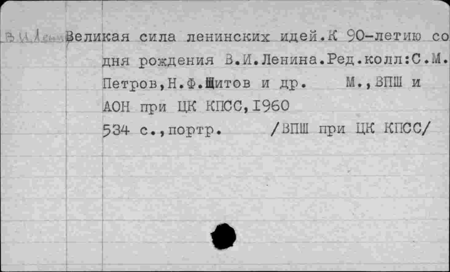 ﻿' ^еликая сила ленинских идей.К 90-летию со дня рождения В.И.Ленина.Ред.колл:С.М. Петров,Н.Ф.Щитов и др. М.,ВПШ и АОН при ЦК КПСС, 1960 534 с.,портр. /ВПШ при ЦК КПСС/